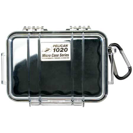 Load image into Gallery viewer, A Pelican 1020 Micro Case with a clear front, black interior and, featuring a carabiner clip.
