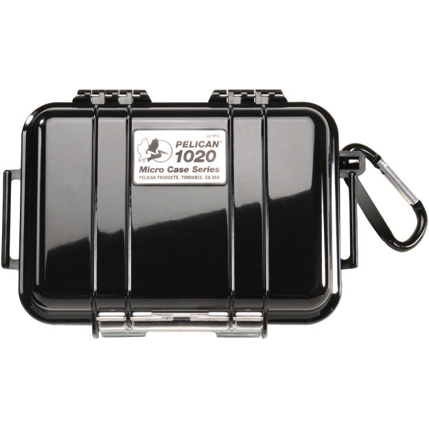 Load image into Gallery viewer, A black Pelican 1020 Micro Case with a black front, black interior and, featuring a carabiner clip.
