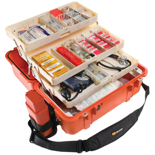 Load image into Gallery viewer, An orange Pelican 1460 EMS case open with white tiered organizers pulled up. Medical supplies fill each layer of shelf.
