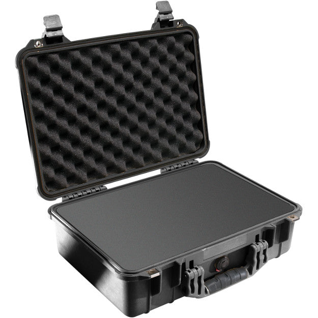 A black Pelican 1500 case with a foam interior.