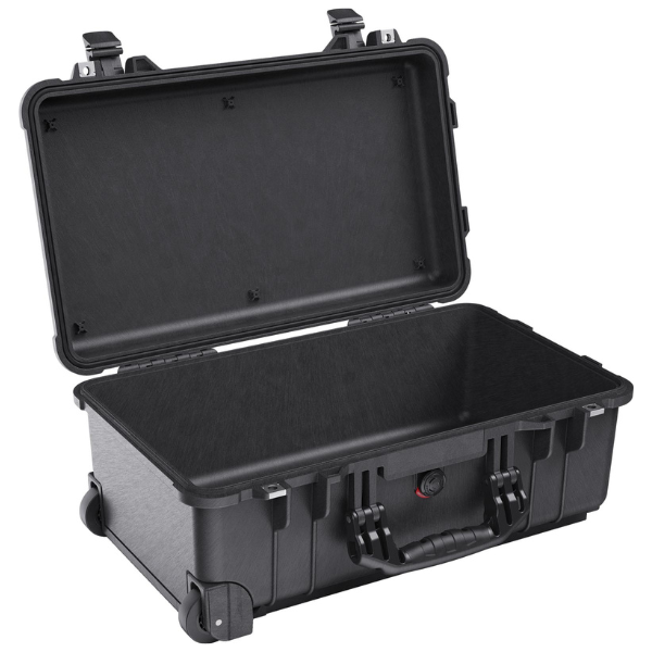 Load image into Gallery viewer, A black Pelican 1510 carry-on case open with no foam inside.
