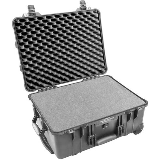 A black Pelican 1560 case with a foam interior.