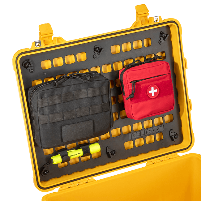 Load image into Gallery viewer, Black Pelican 1560 MOLLE Panel Lid Kit installed in a case with attachments.
