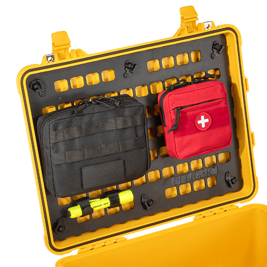 Black Pelican 1560 MOLLE Panel Lid Kit installed in a case with attachments.
