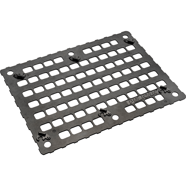 A black Pelican 1560 MOLLE Lid Panel Kit with a grid of attachment points.