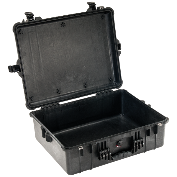 Load image into Gallery viewer, A black Pelican 1600 case open with no foam inside.
