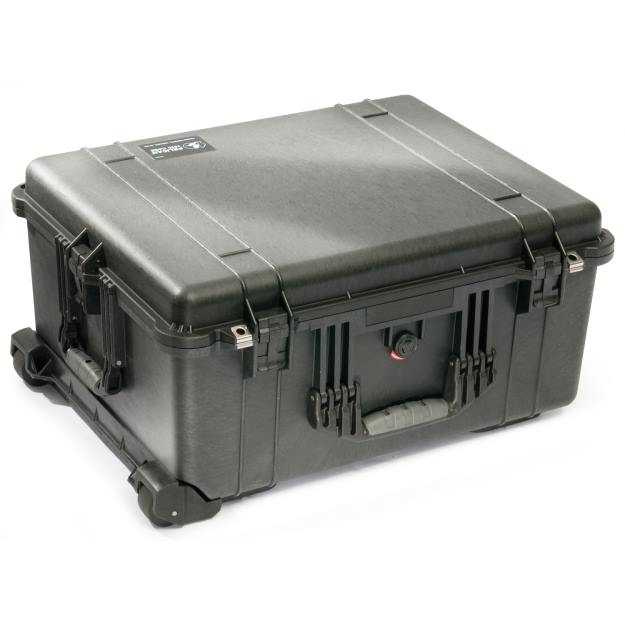 Load image into Gallery viewer, A black Pelican 1610 transport case closed, showing the exterior wheels, handles, and latches.
