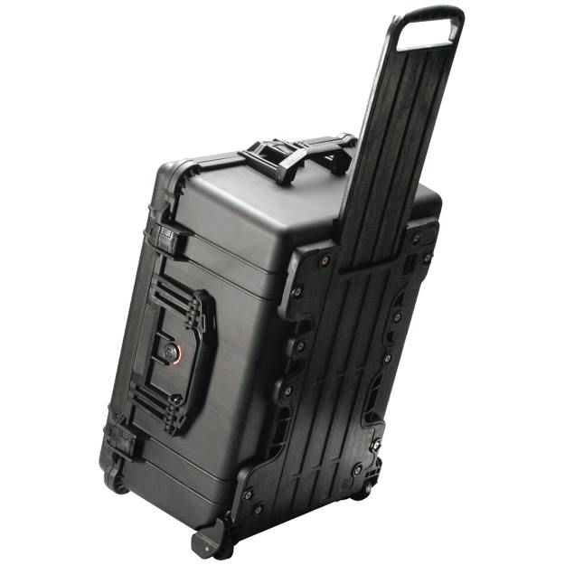 Load image into Gallery viewer, A black Pelican 1610 transport case standing up with the top handle pulled out, showing how the case can be moved on its wheels.
