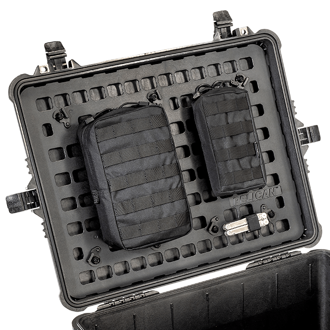 Load image into Gallery viewer, Black Pelican 1610 MOLLE Panel Lid Kit on case with attachments.
