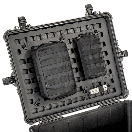 Black Pelican 1610 MOLLE Panel Lid Kit on case with attachments.