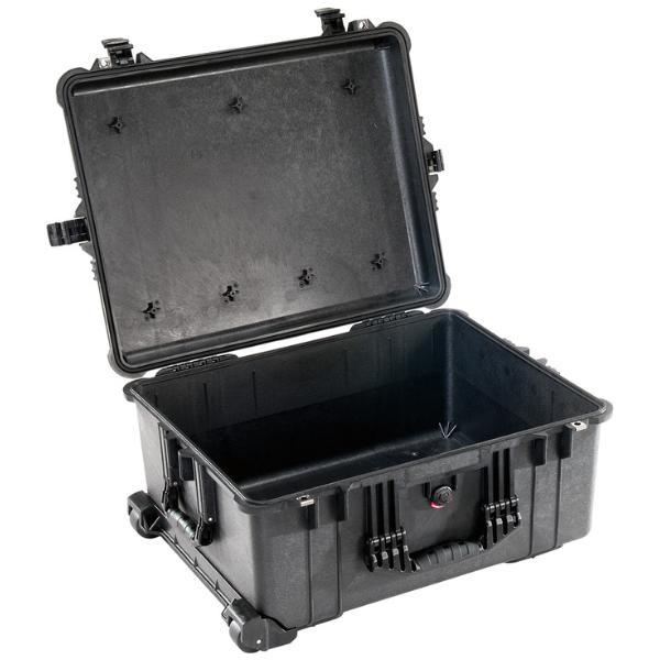 Load image into Gallery viewer, A black Pelican 1610 transport case open with no foam inside.
