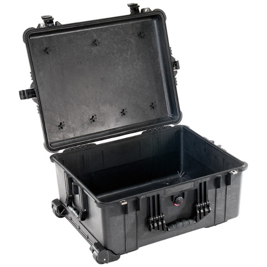 A black Pelican 1610 transport case open with no foam inside.