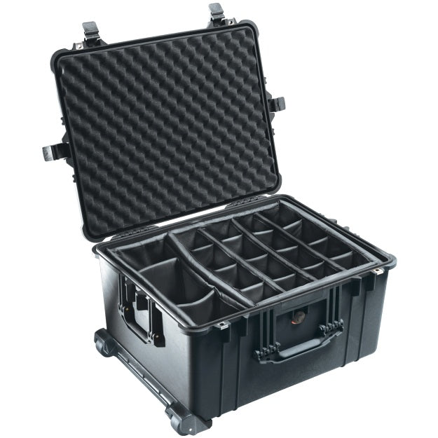 A black Pelican 1624 camera case with black padded dividers and a foam lined lid