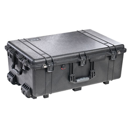 Load image into Gallery viewer, A black Pelican 1650 Transport Case closed, showing the exterior wheels, handles, and latches.

