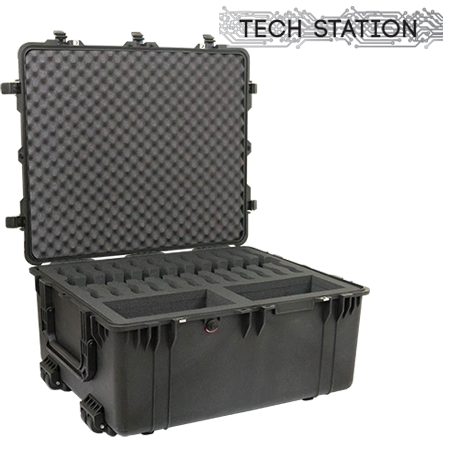 Load image into Gallery viewer, A black Pelican 1690 Transport Laptop case with a custom foam insert for laptops.

