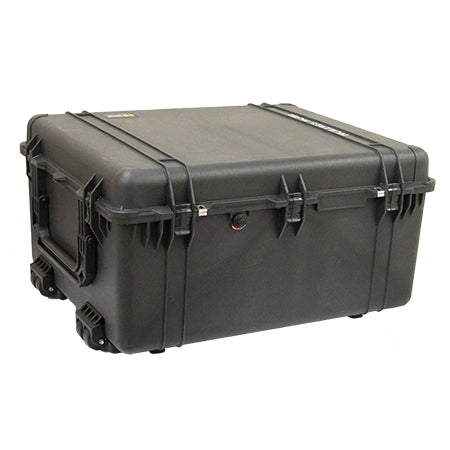 Load image into Gallery viewer, A black Pelican 1690 Transport case closed with wheels, handles, and latches visible.
