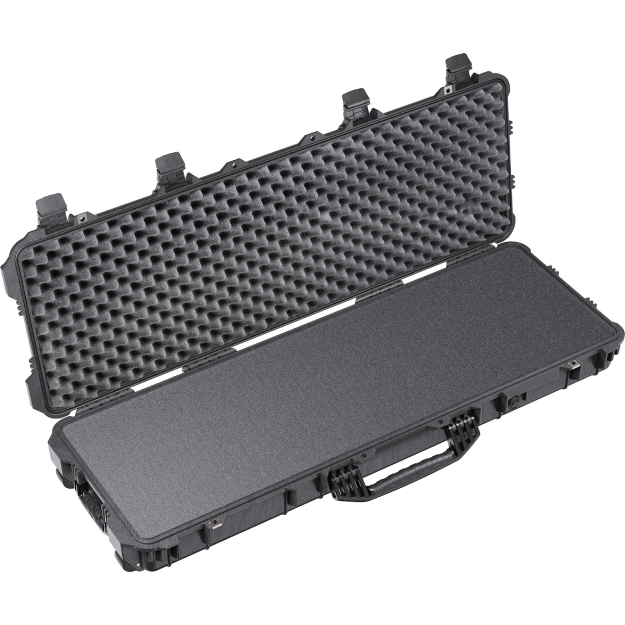 A black Pelican 1720 Long Case open showing a foam interior.