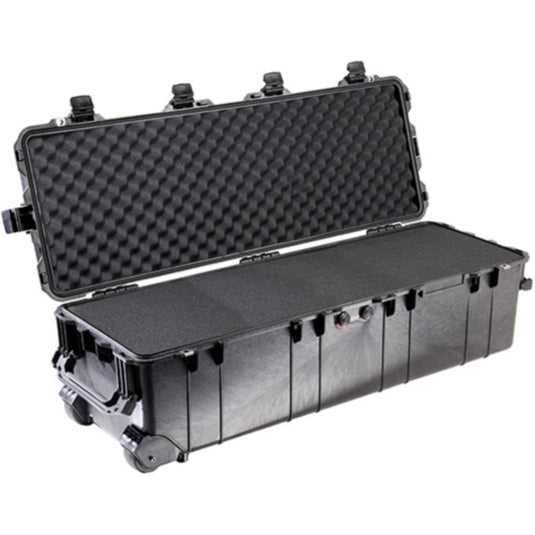A black Pelican 1740 Transport Case with lid open, showing the foam interior.