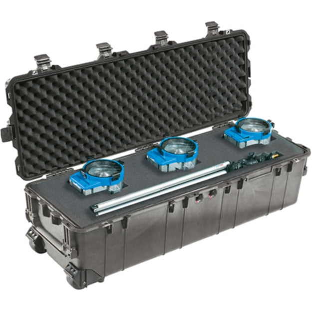 Load image into Gallery viewer, A black Pelican 1740 Transport Case open with the foam cut. Equipment is in the foam cutouts.
