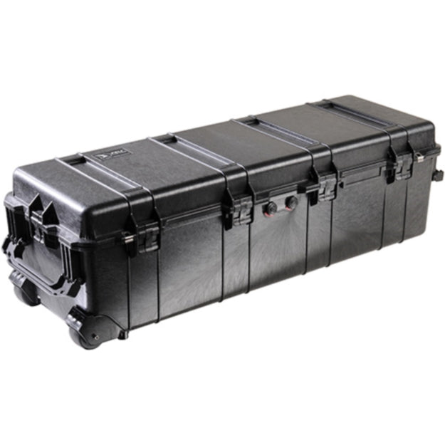 Load image into Gallery viewer, A black Pelican 1740 Transport Case closed, showing the wheels, latches and handles of the case.
