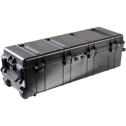 A black Pelican 1740 Transport Case closed, showing the wheels, latches and handles of the case.