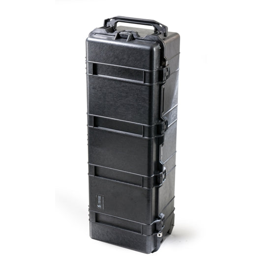 A black Pelican 1740 Transport Case standing up.