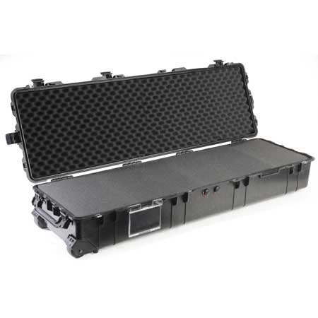 A black Pelican 1770 Transport Case with lid open, showing the foam interior.