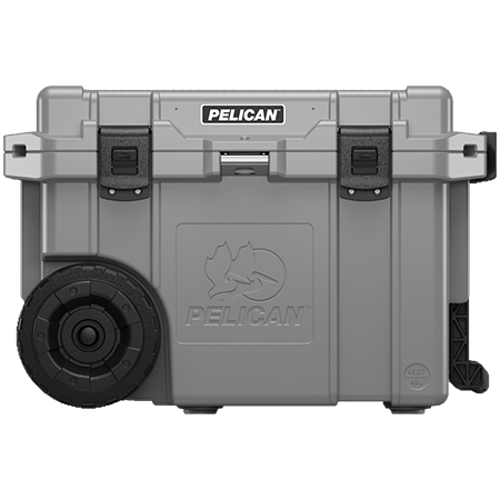 A gray Pelican 45QW Elite cooler with wheels, featuring the brand's logo.