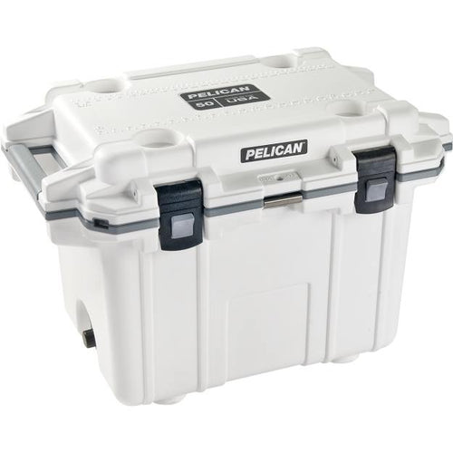 A white Pelican 50Qt Elite Cooler with black latches and handles.