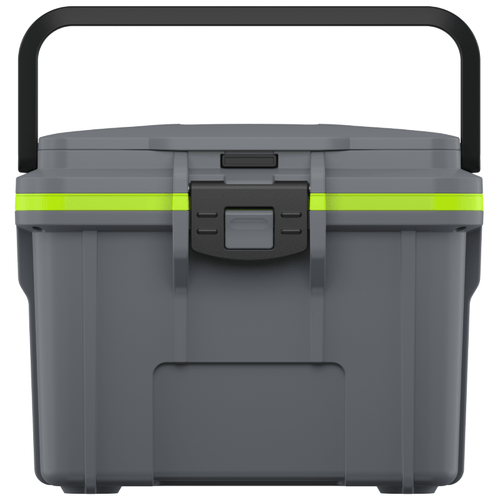 A gray Pelican 8QT Personal Cooler with a green lid and black handle.