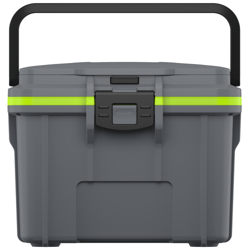 Load image into Gallery viewer, A gray Pelican 8QT Personal Cooler with a green lid and black handle.
