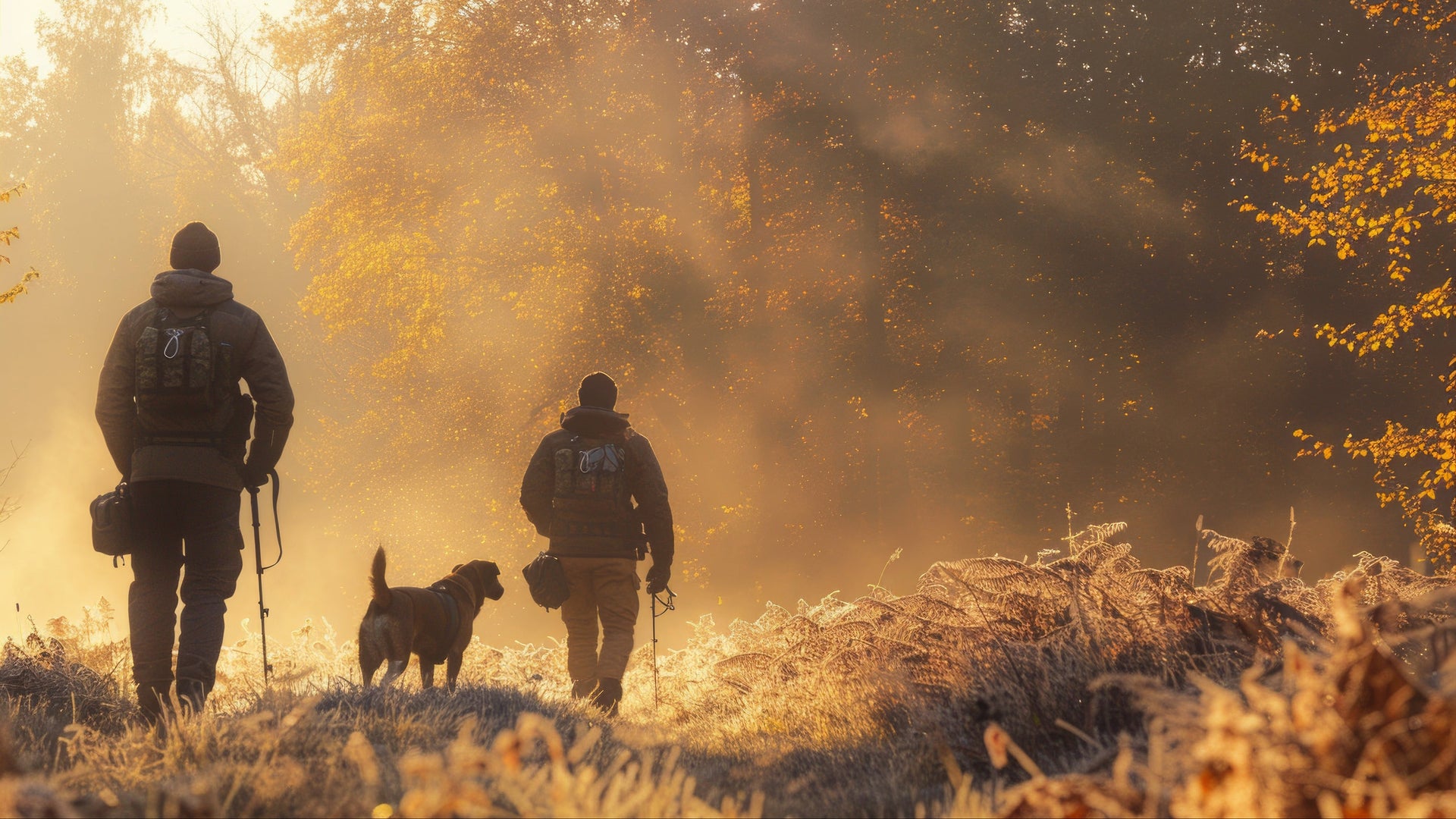 Two people walking with a dog through a misty forest during sunset.
