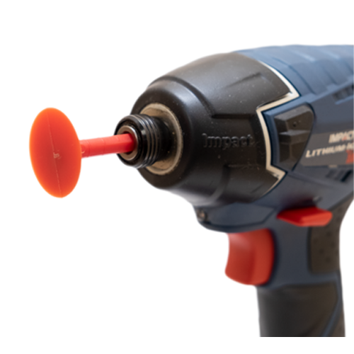 Red Kaizen Foam Spinner in a drill.