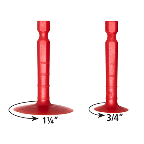 Two red Kaizen foam spinners, one labeled as 1 1/4 inch and the other as 3/4 inch.