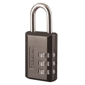 A gray Master Lock 647D combination padlock with a metal shackle and numerical dial.