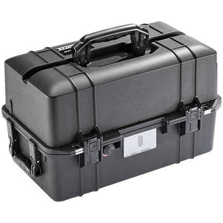 Load image into Gallery viewer, A black Pelican 1465 Air Case closed, showing its handles and business card holder.
