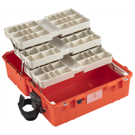 An open Pelican Air 1465 EMS case in orange with white dividers, designed for medical supply storage.