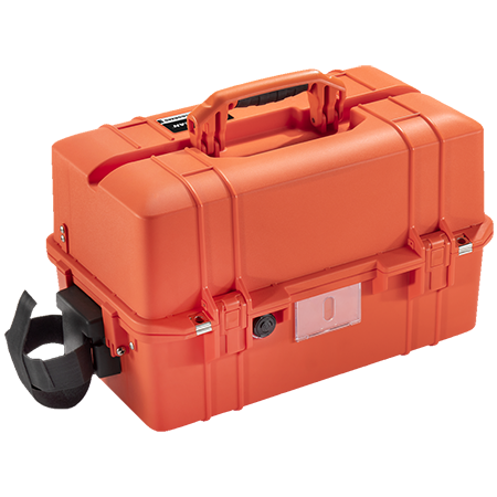 A Pelican Air 1465 EMS case closed, showing its side holder, handle, and business card holder.