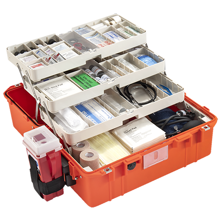 Load image into Gallery viewer, An open Pelican Air 1465 EMS case with each tier of organizer pulled up and filled with various medical supplies.

