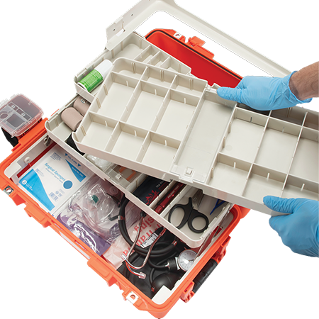 Load image into Gallery viewer, An open Pelican Air 1465 EMS case with the top layer of organizer removed, showing the ease of using the case. Various medical supplies lay inside.
