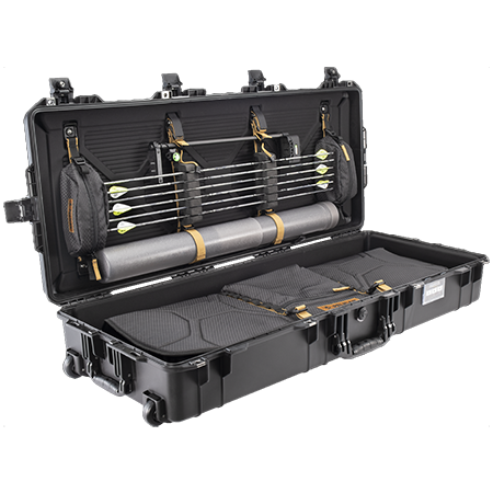 Load image into Gallery viewer, A Pelican 1745 Air Bow Case opened to show the storage of a bow and arrows, featuring a black hard-shell exterior and a padded interior with securing straps.
