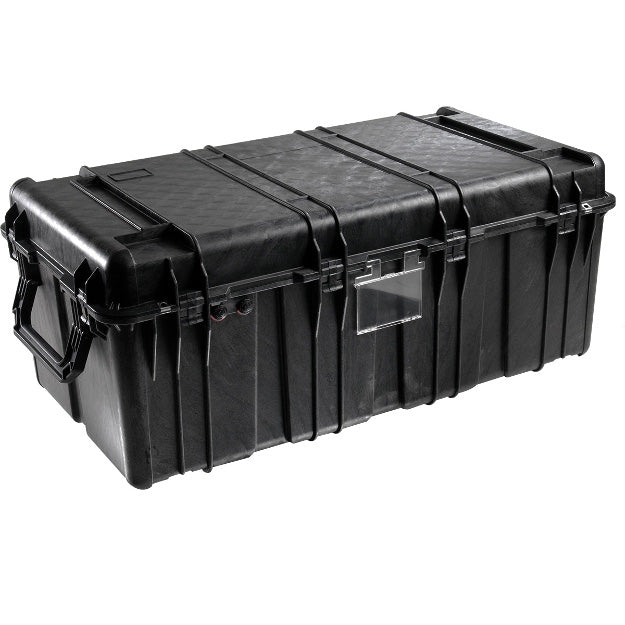 Load image into Gallery viewer, A black Pelican 0550 Transport Case closed, showing the handles, latches, and document holder on the exterior of the case.
