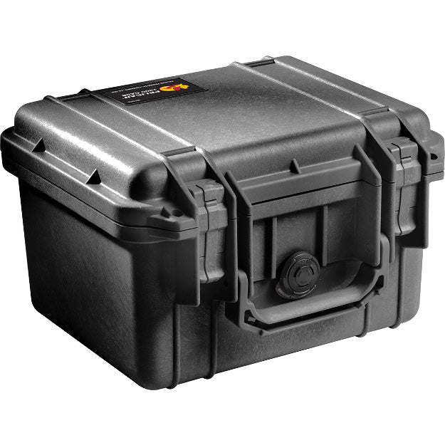 Load image into Gallery viewer, A black Pelican 1300 case closed, showing the exterior latches and handle.
