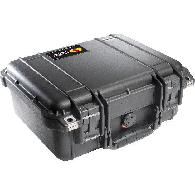 Load image into Gallery viewer, A black Pelican 1400 case closed, showing the exterior handle and latches.

