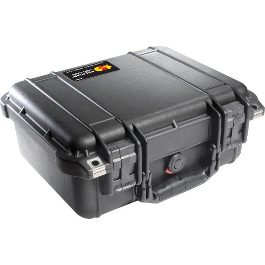 A black Pelican 1400 case closed, showing the exterior handle and latches.