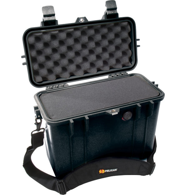 A black Pelican 1430 Top-Loader Case open with a foam interior.