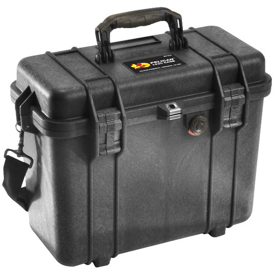 A black Pelican 1430 Top-Loader Case closed, showing the top handle and side latches.