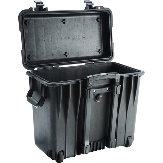 A black Pelican 1440 Top-Loader Case open with no foam inside.