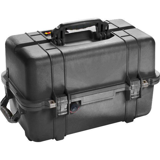 Load image into Gallery viewer, A black Pelican 1460 case closed, showing the top and side handles, and the latches.
