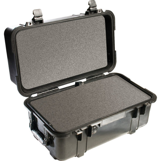 A black Pelican 1460 case, showing its interior foam lining.